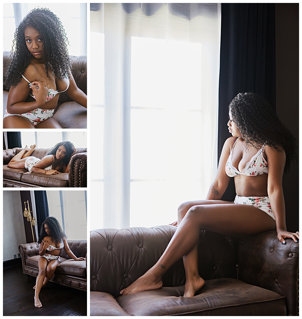 Woman in floral lingerie posing in Boudoir studio.