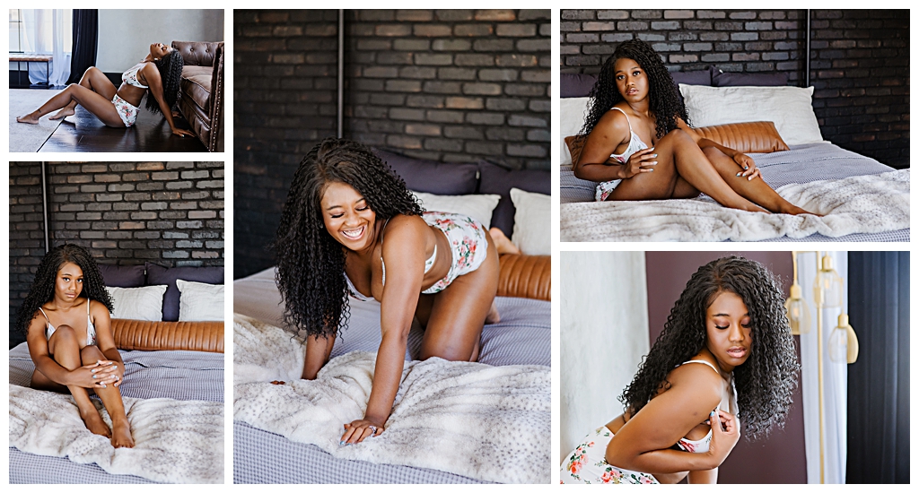 Woman in floral lingerie posing in downtown Phoenix Boudoir studio.